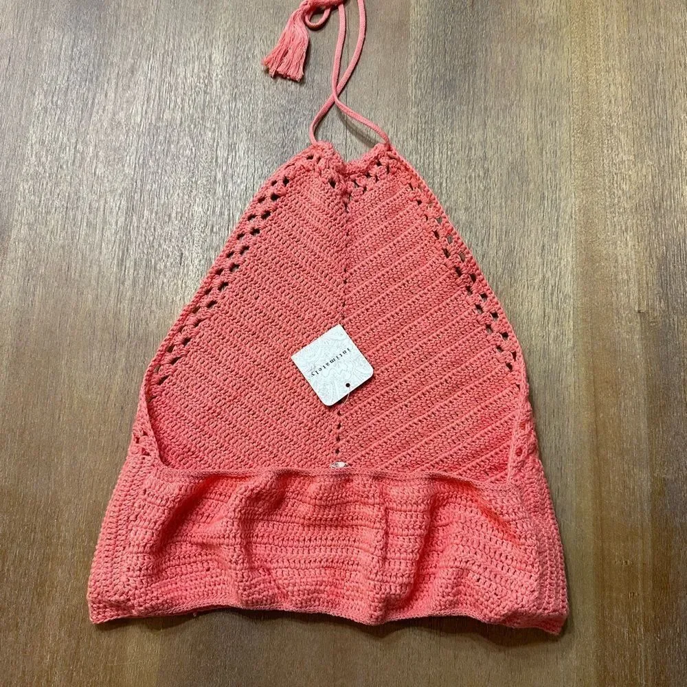Free People Know Better Crochet Knit Cropped Halter Pink Watermelon Small